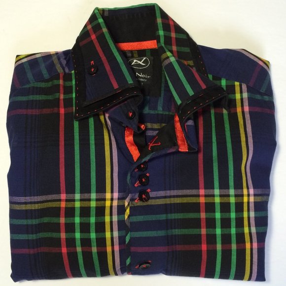 Au Noir Dress Shirt Mens Sz 2 Small Blue Plaid Long Sleeve Contrast Flip Cuff - Picture 1 of 9